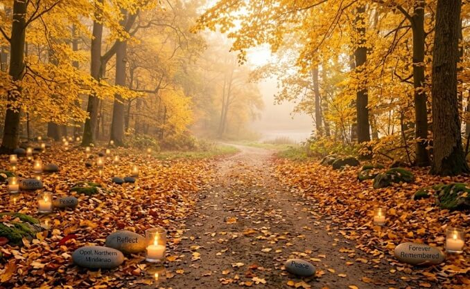 Autumn forest path with fallen leaves, candles, and memorial stones for reflection and remembrance in Apache Junction, AZ