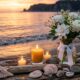 Beach memorial with candles, flowers, and painted stones at sunset in Gilbert, AZ