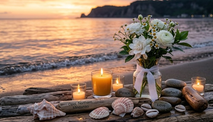 Beach memorial with candles, flowers, and painted stones at sunset in Gilbert, AZ