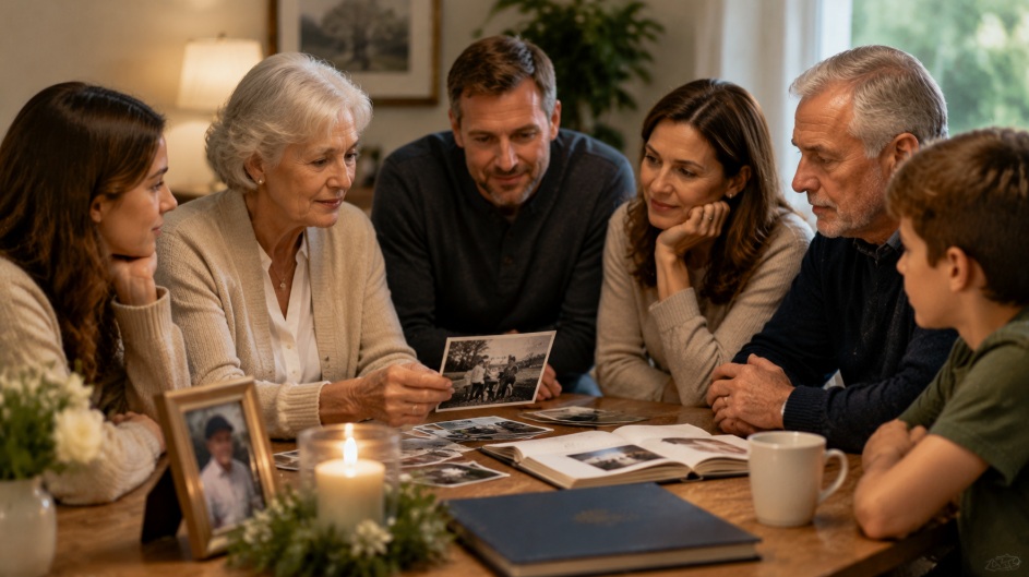 Family sharing memories and photos during cremation services in Apache Junction, AZ