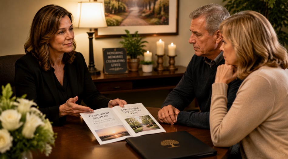 Family meeting with funeral professional discussing cremation services in Gilbert, AZ