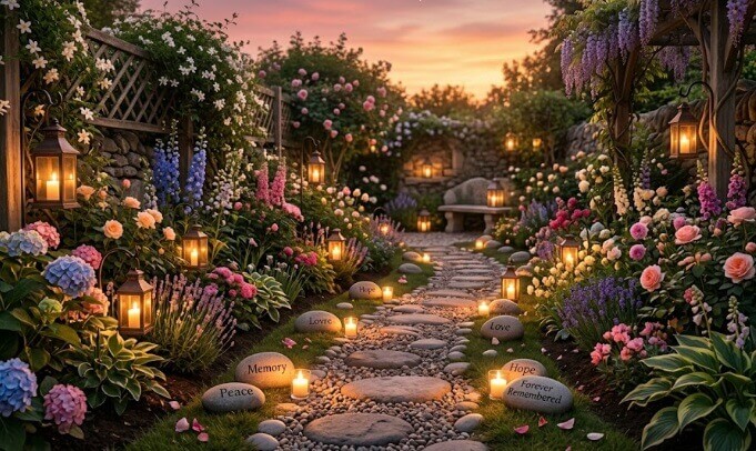 Stone pathway lined with candles and colorful flowers in a serene memorial garden in Gilbert, AZ