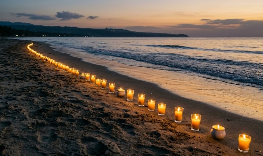Candle-lined beach at sunset, peaceful memorial setting, cremation services in Mesa AZ