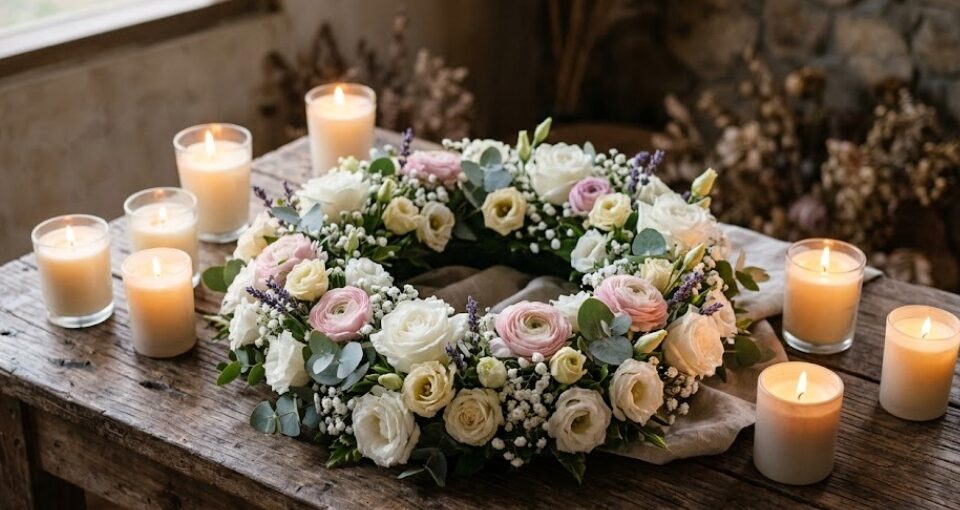 Floral memorial wreath with candles on wooden table, cremation services in Mesa AZ