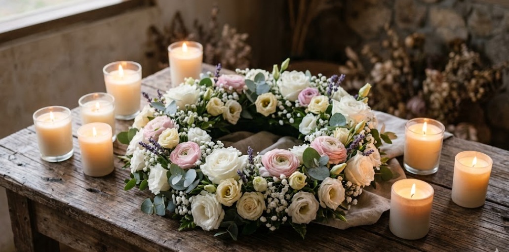 Floral memorial wreath with candles on wooden table, cremation services in Mesa AZ