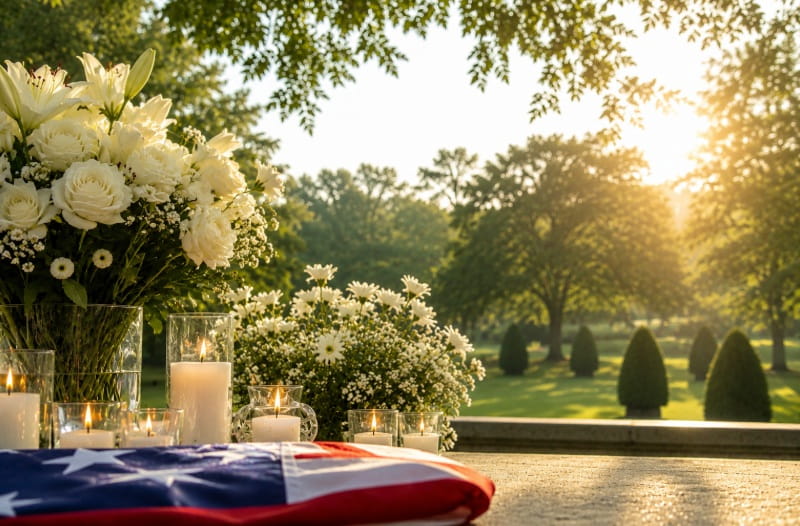 Folded American flag with candles and white flowers for cremation services in Mesa, AZ