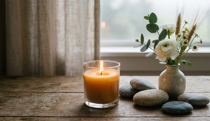 Small lit candle and floral arrangement with smooth stones on wooden table by window in Mesa, AZ