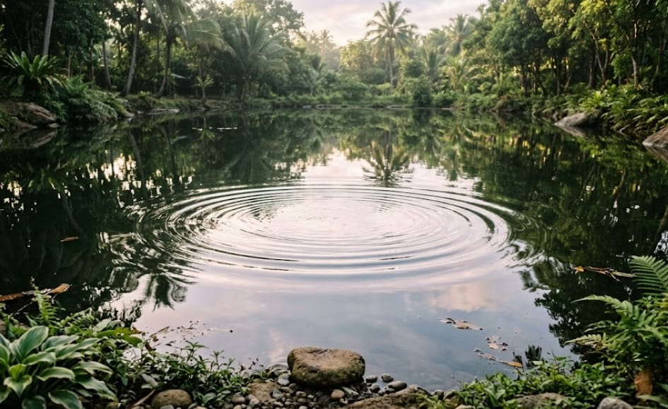 Calm pond with gentle ripples surrounded by lush greenery for reflection in Mesa, AZ