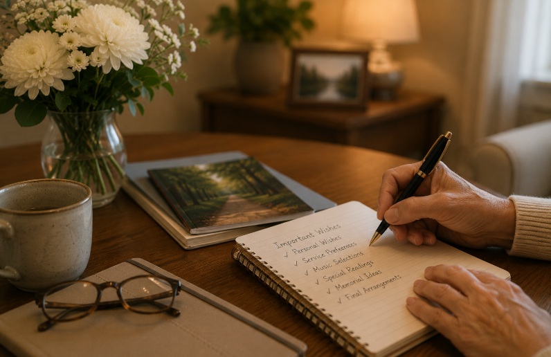 Person writing end-of-life wishes beside flowers and keepsakes in Apache Junction, AZ